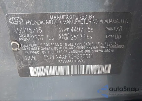 2016 Hyundai Sonata Se из США, поврежденный, VIN 5NPE24AF7GH270611